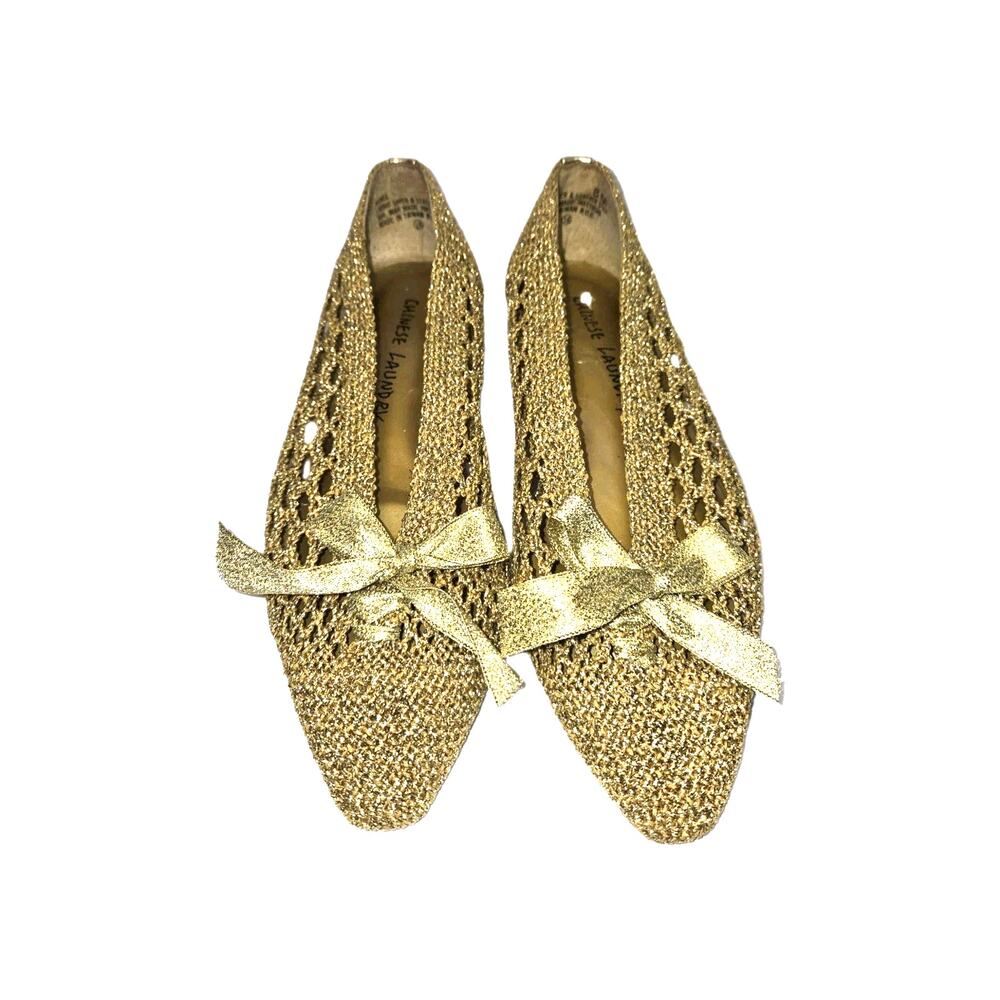 Vintage Chinese Laundry Sparklie Gold Crocheted Flats w Bow Point Toe Womens 8M